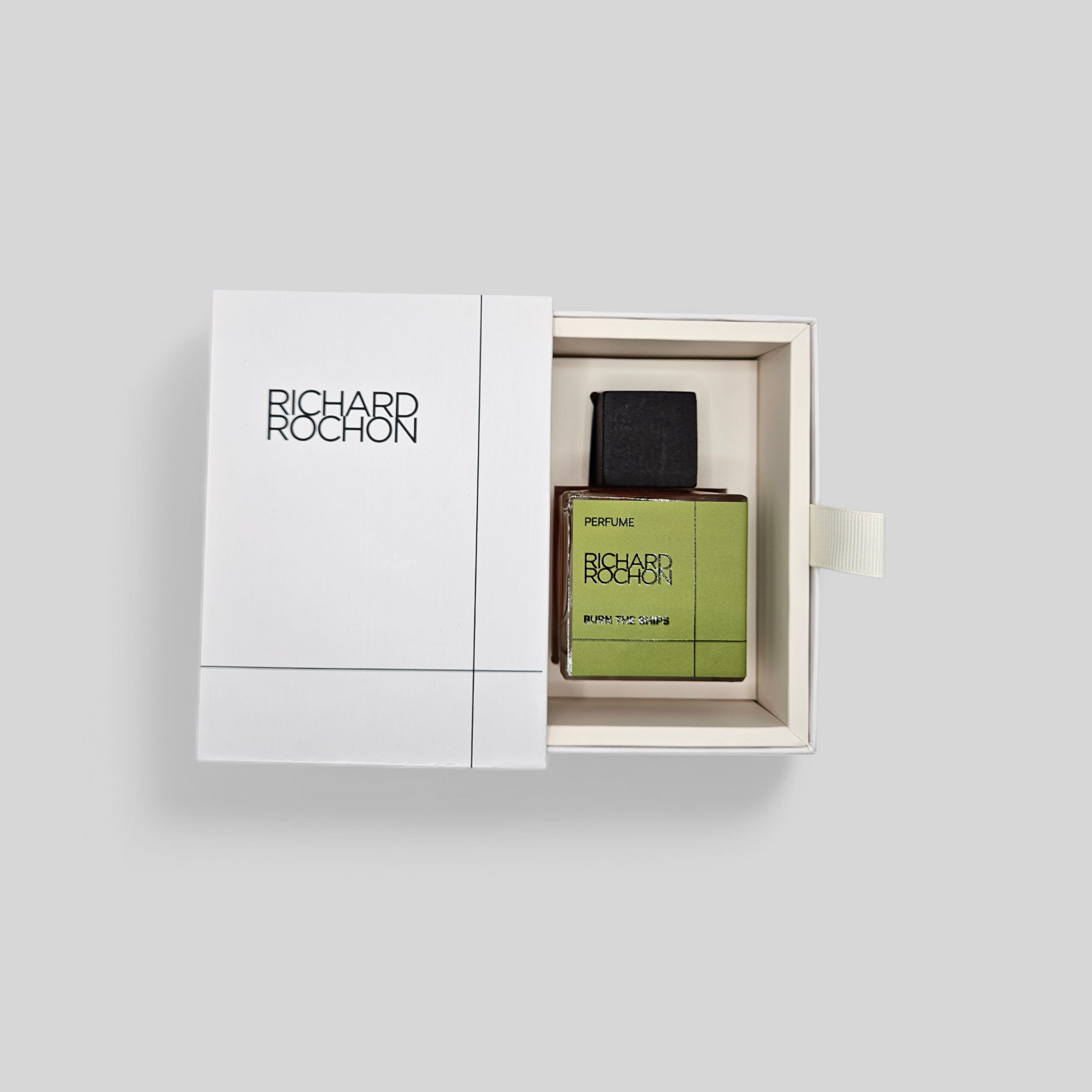 Luxury unisex fragrance – Burn the Ships perfume by Richard Rochon with smoky saffron, clove, and spice notes in drawer box
