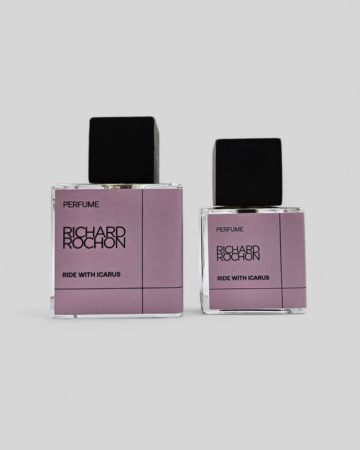 Close-up of Ride with Icarus luxury niche fragrance in 50 mL and 100mL glass bottles
