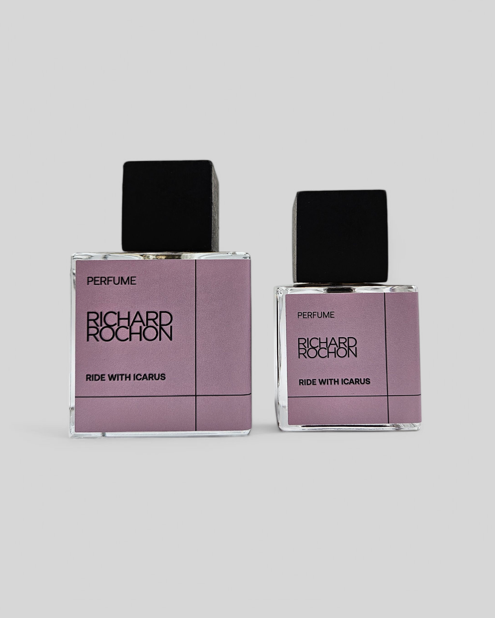 Close-up of Ride with Icarus luxury niche fragrance in 50 mL and 100mL glass bottles