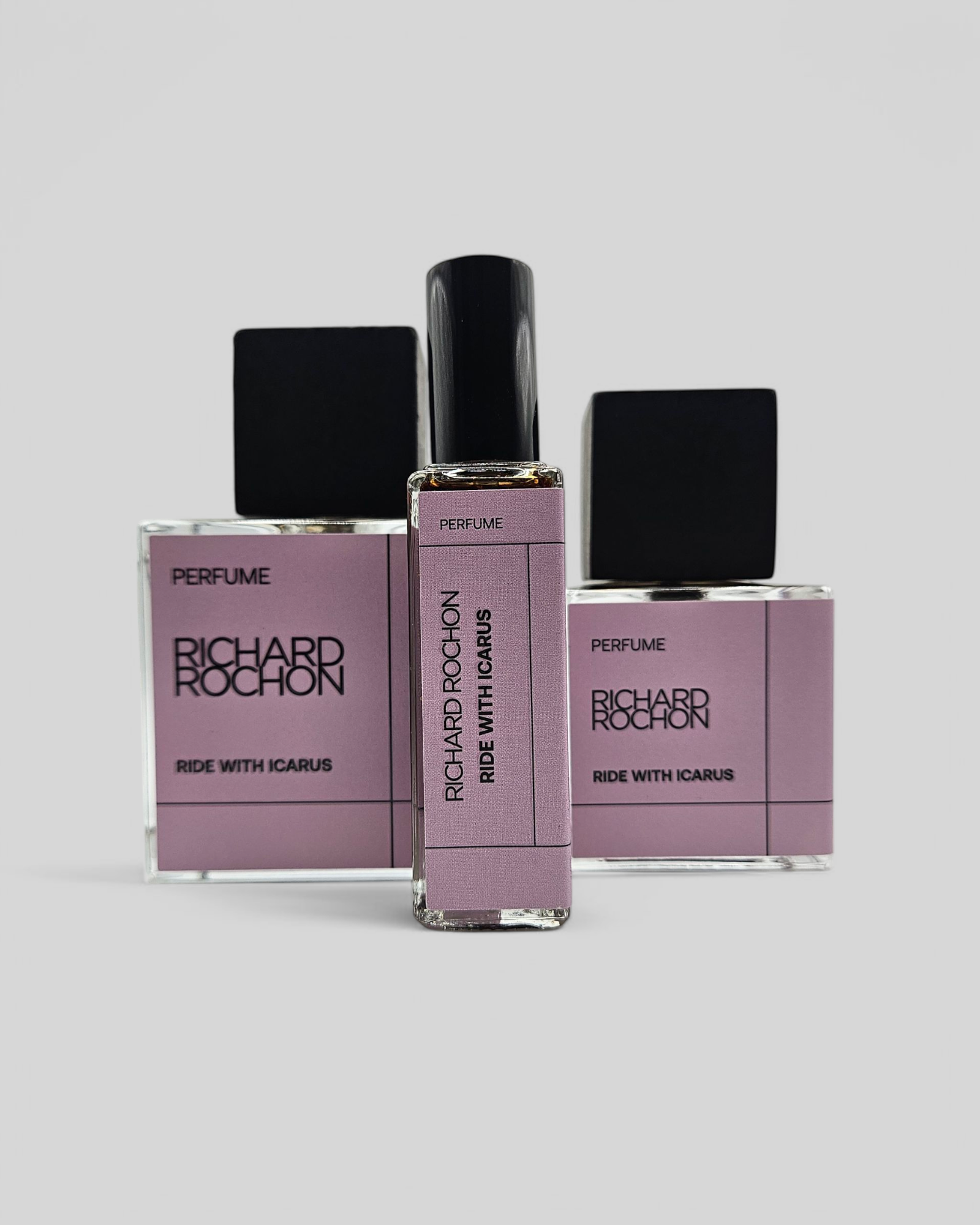 Richard Rochon Ride with Icarus luxury perfume – vanilla, tonka, and cinnamon fragrance available in 20 mL, 50 mL, and 100 mL bottles
