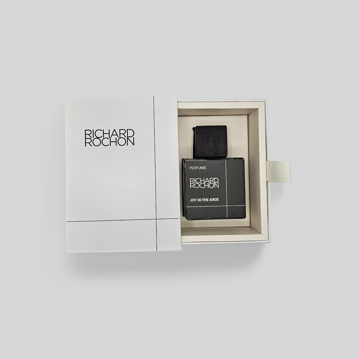 Joy in the Juice perfume by Richard Rochon – luxury unisex scent with oak and mineral woods in drawer box